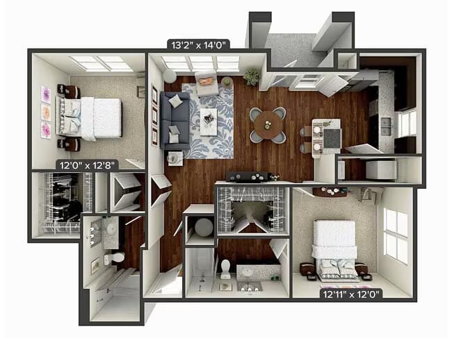 2 Beds • 2 Bath B02-2001 floor plan