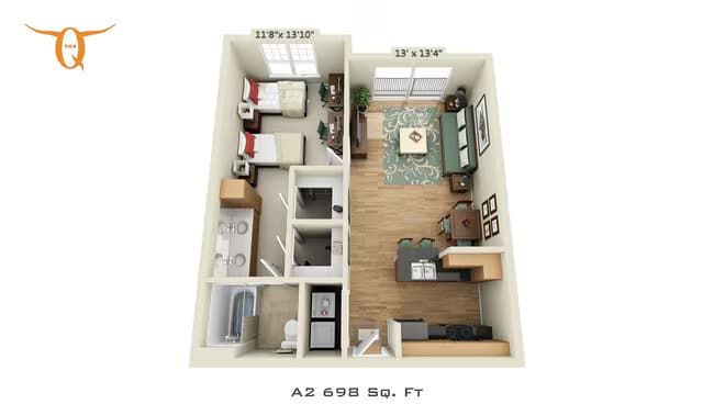 1 bedroom 1 bathroom Double occupancy ADA-A2-H Shared floor plan