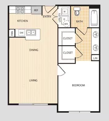 1 bedroom 1 bathroom Double occupancy-A2 Shared floor plan
