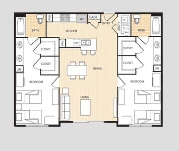 2 bedroom 2 bathroom Double Occupancy ADA-B2-H Shared floor plan