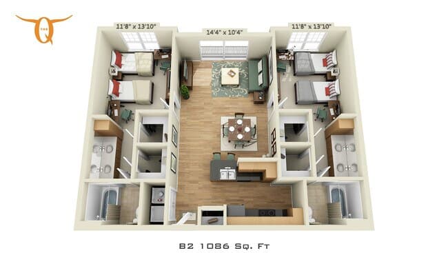 2 bedroom 2 bathroom Double Occupancy-B2 Shared floor plan