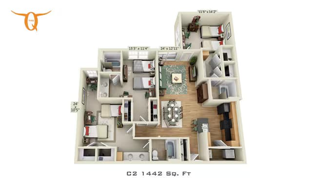 3 bedroom 3 bathroom Double Occupancy ADA-C2-HD Shared floor plan