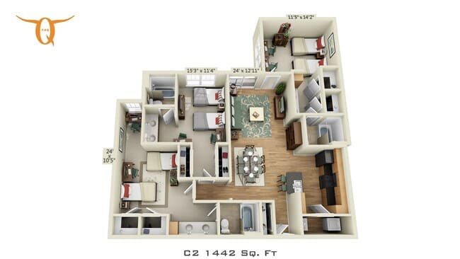 3 bedroom 3 bathroom Double Occupancy-C2-ALT Shared floor plan