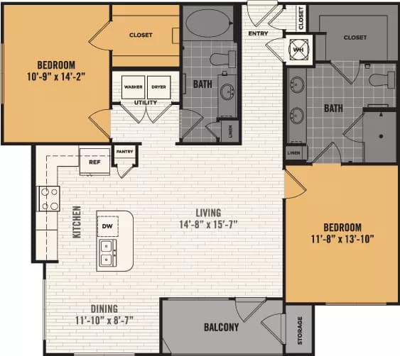 2 Beds • 2 Bath 06107 floor plan