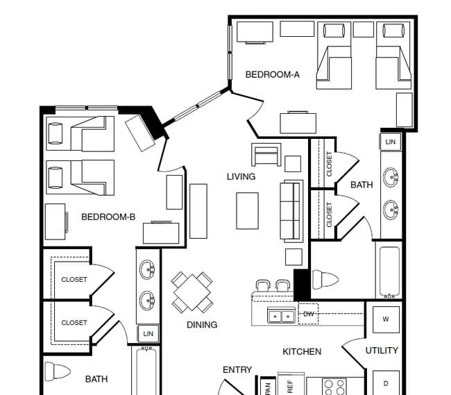 2 bedroom 2 bathroom Double occupancy-B7H Shared floor plan