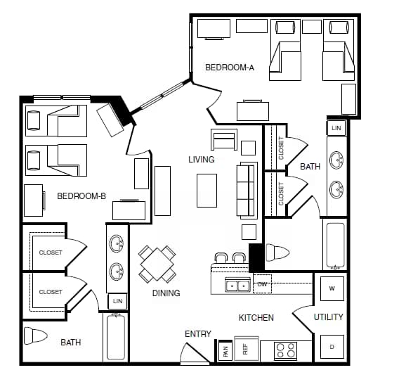 2 bedroom 2 bathroom Double occupancy-B7 Shared floor plan