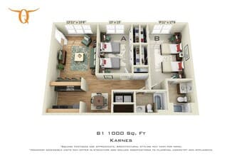 2 Bedroom 2 Bathroom Double occupancy-B1 Shared floor plan