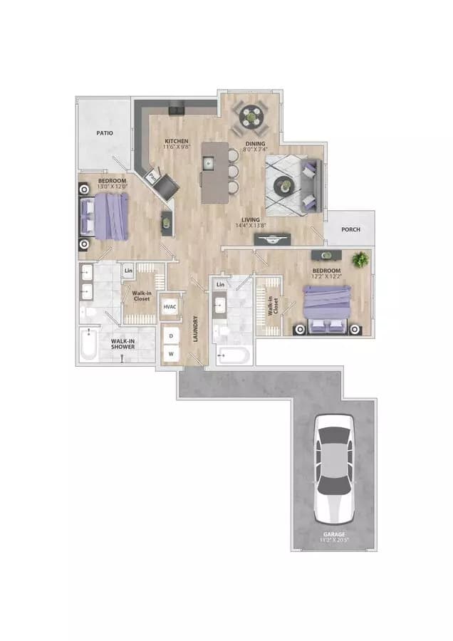 2 Beds • 2 Bath 1008 floor plan