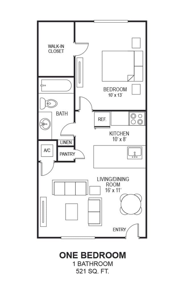 1 bedroom non-upgraded 1801-116 floor plan