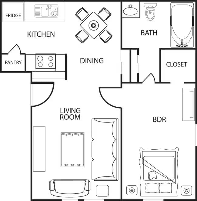 1 Bed, 1 Bath Model floor plan