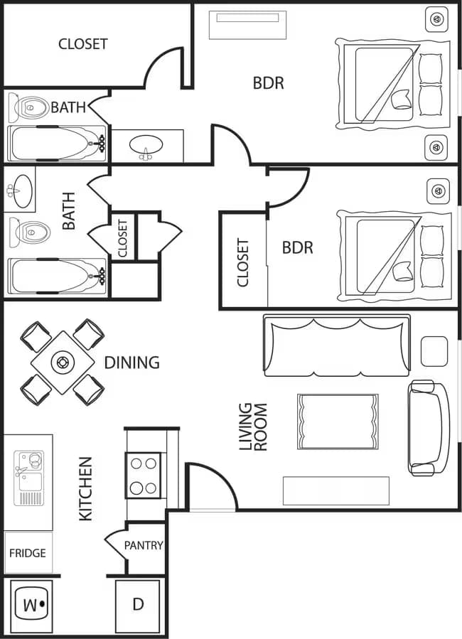 2 Beds, 1 Bath Model floor plan