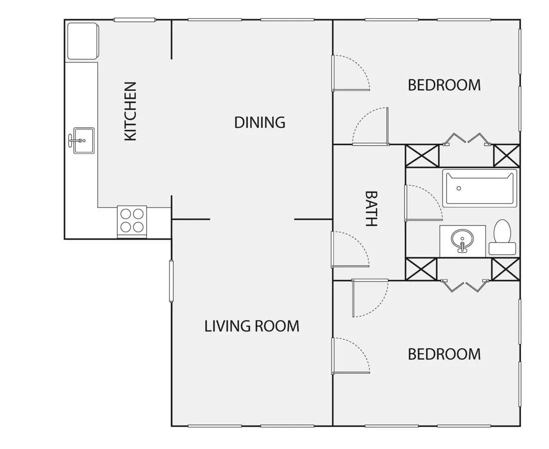 2 Beds • 1 Bath floor plan