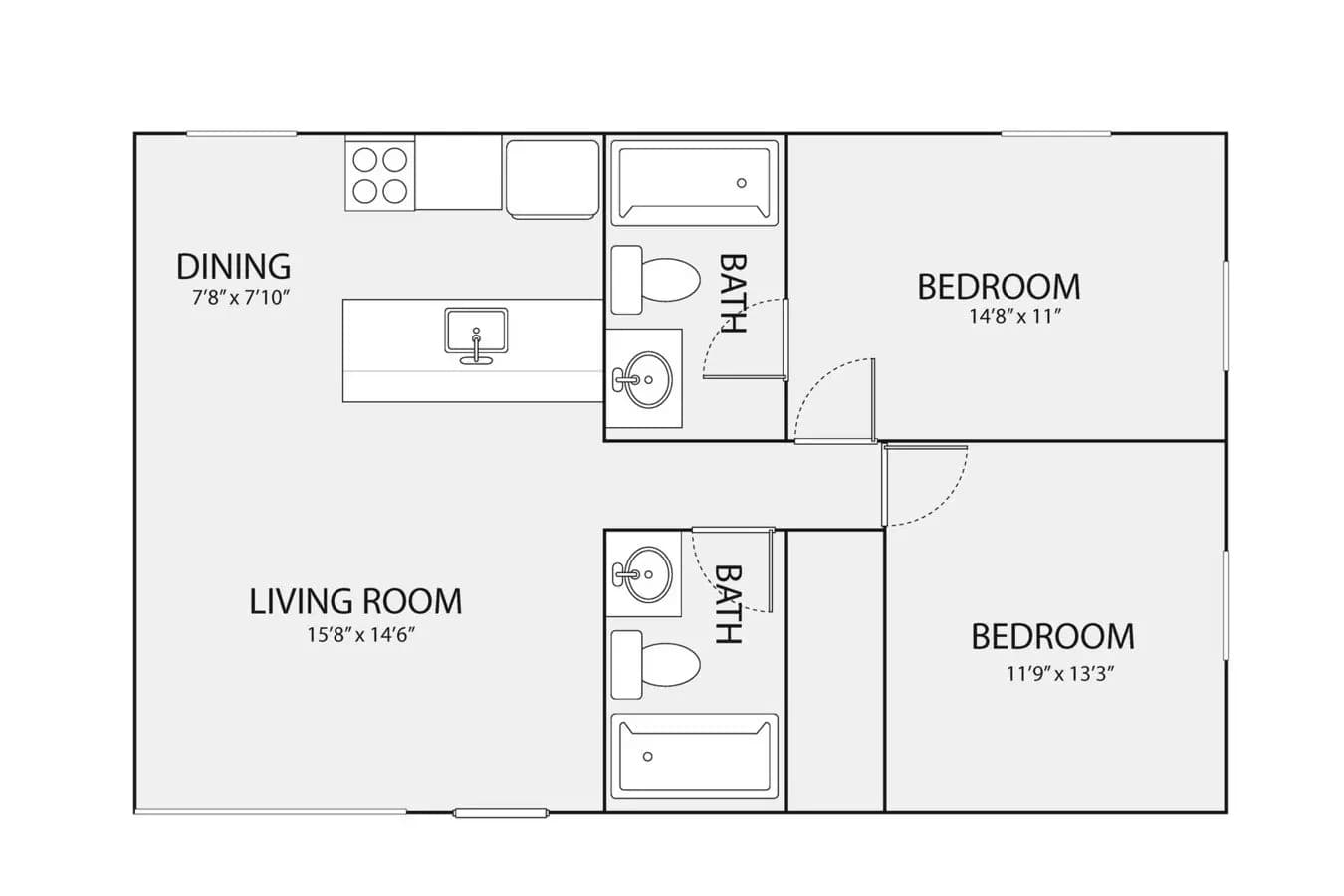 2 Beds • 2 Bath SUX-108 floor plan