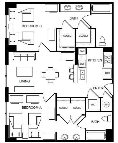 2 bedroom 2 bathroom Double occupancy-B5 Shared floor plan