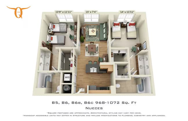 2 bedroom 2 bathroom Double occupancy-B6C Shared floor plan