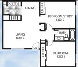 2 Bedroom 1 Bath floor plan