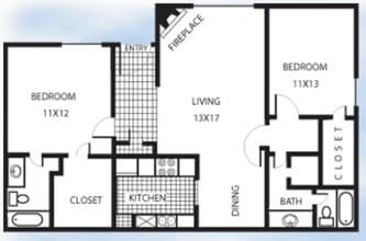 2 Bedroom 2 Bath floor plan