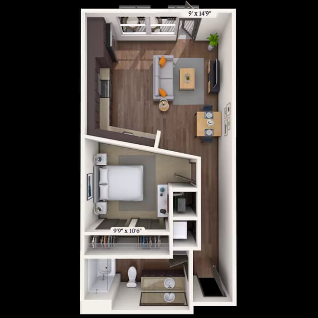 Traditional 1x1 601-637 SF 548 floor plan