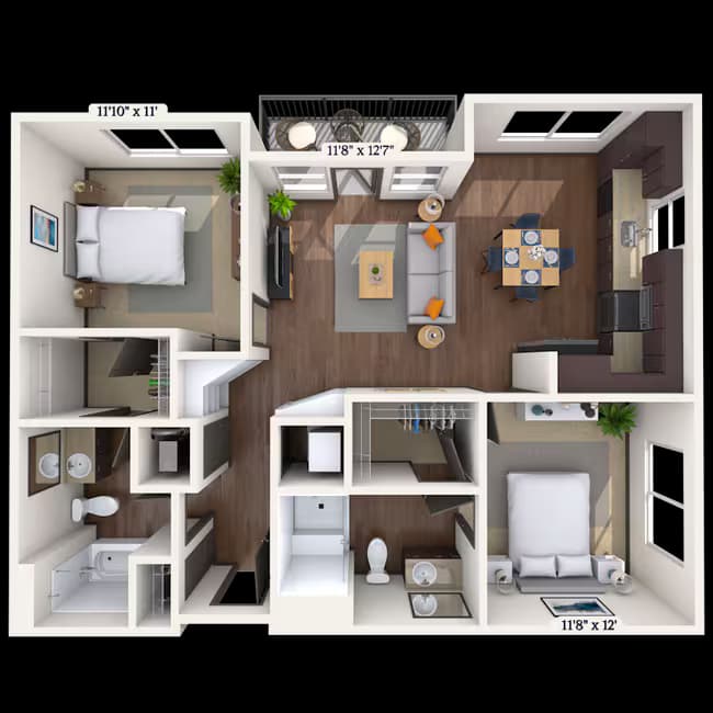 Traditional 2x2 990 SF 501 floor plan