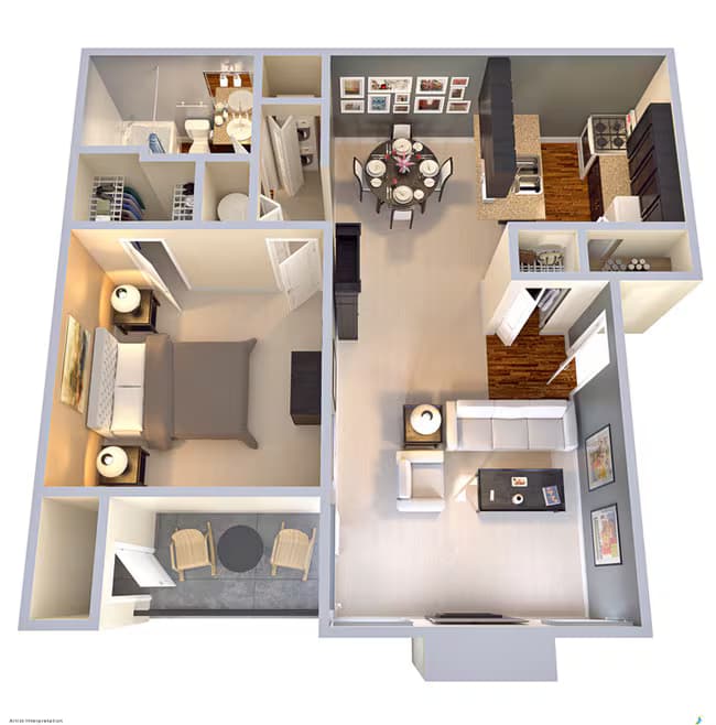 1 Bedroom 1 Bath 680 SF 1033 floor plan