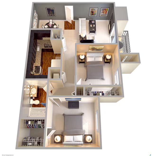 2 Bedroom 1 Bath 860 SF 1021 floor plan