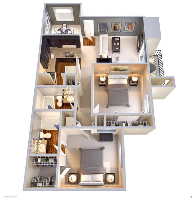 2 Bedroom 2 Bath 925 SF 1218 floor plan