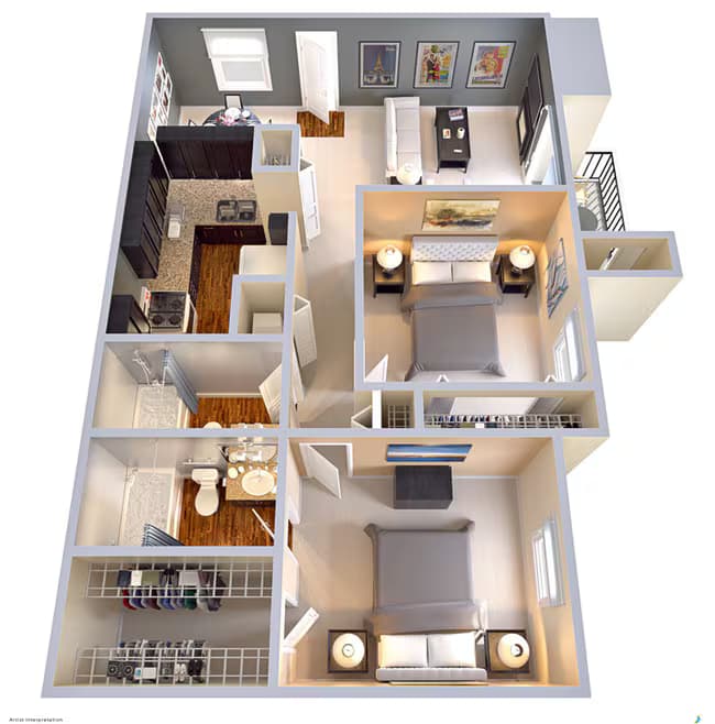 2 Bedroom 2 Bath 952 SF 0621 floor plan