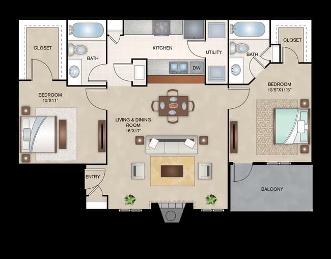 2 Beds • 2 Bath 0623 floor plan