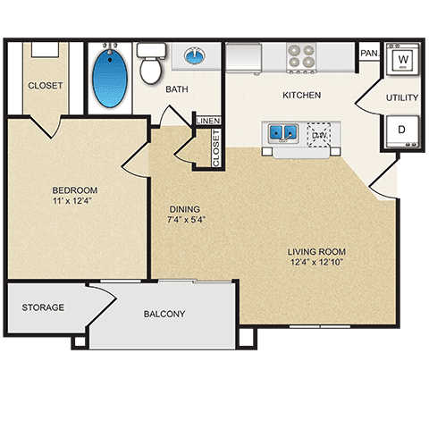 1 Bed • 1 Bath 0213 floor plan