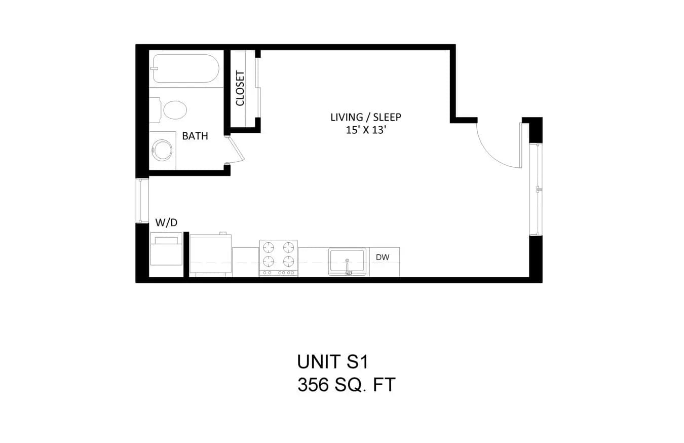 0 bedroom 1 bath floor plan