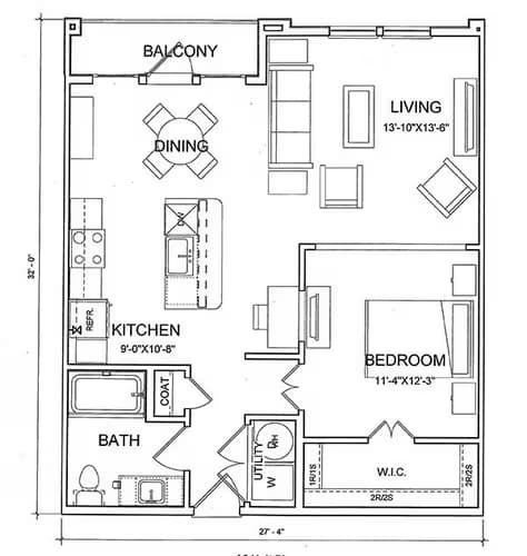 1 Bed • 1 Bath 1-1357 floor plan