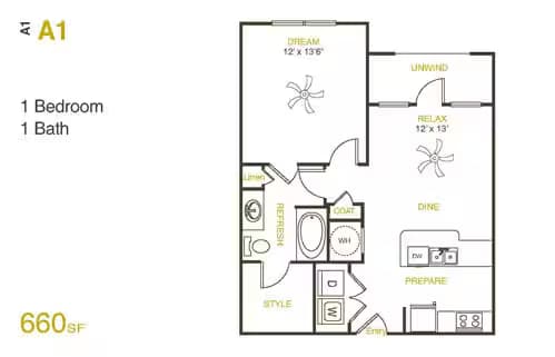 A1 - One Bedroom, One Bathroom 02-2211 floor plan