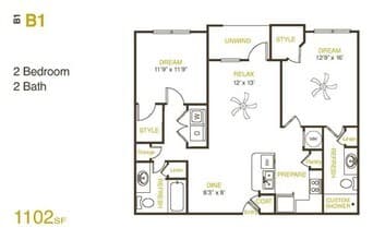 B1 - Two Bedroom, Two Bathroom 08-8107 floor plan