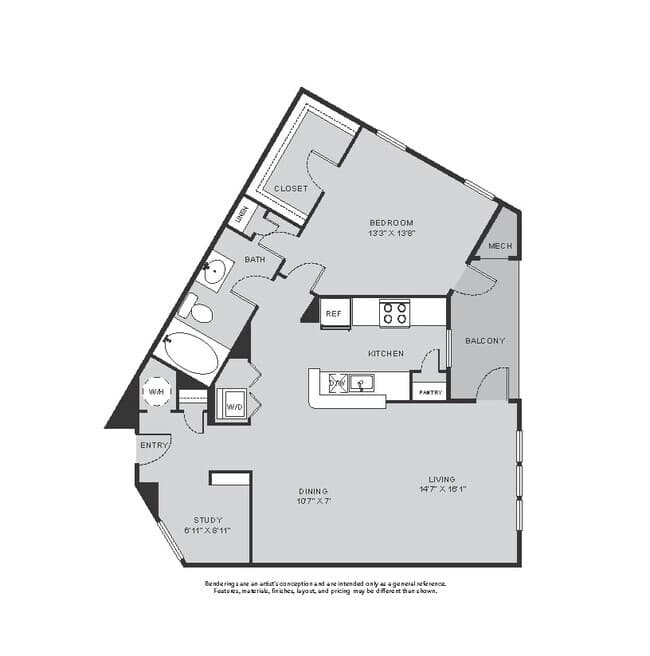 A4S - 1 Bed + Study 1214 floor plan