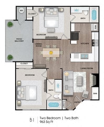 2 Beds • 2 Bath 4-1D floor plan