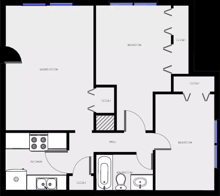 2 bed 1 bath 6B floor plan