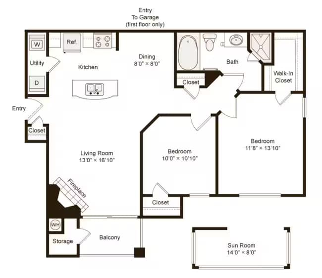 2 Beds • 1 Bath 154110 floor plan