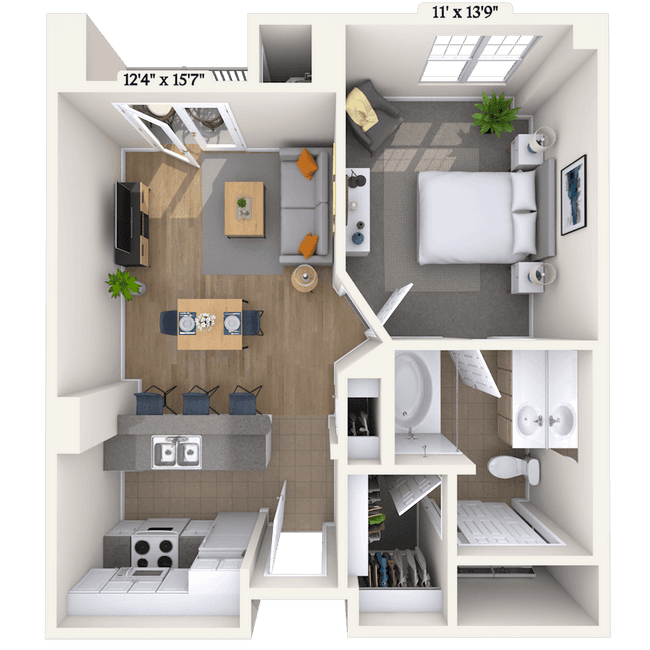 Traditional 1x1 609-641 SF 649 floor plan