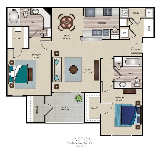 2 Beds • 2 Bath 1038 floor plan