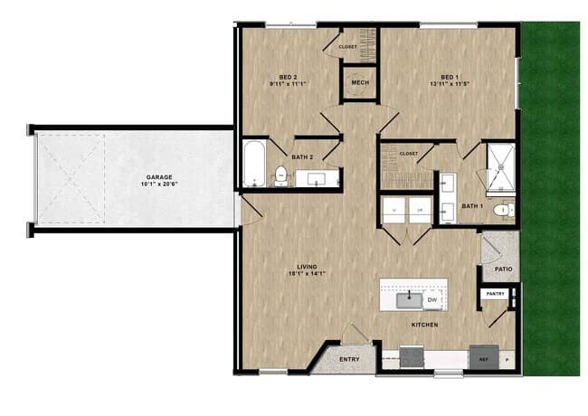2 Beds • 2 Bath 0516 floor plan