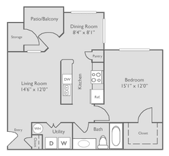 A3U-1 bedroom, 1 bathroom 16101 floor plan