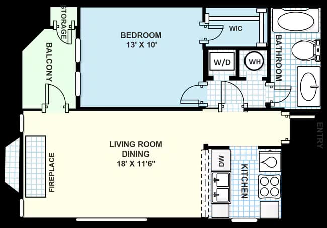 1 bedroom, 1 bathroom 253 floor plan