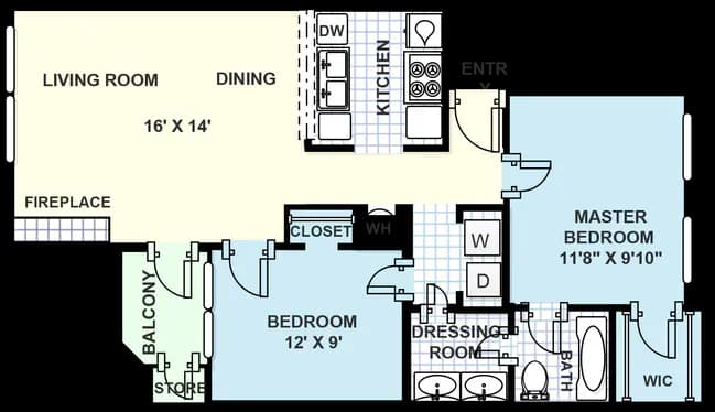 2 bedroom, 1 bathroom 175 floor plan