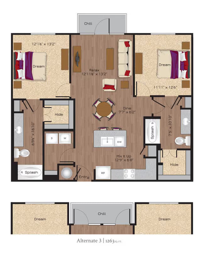 2 Beds • 2 Bath 1058 floor plan