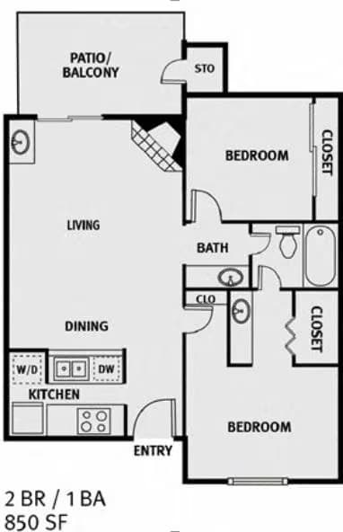2 Bedroom 1 Bathroom 112 floor plan