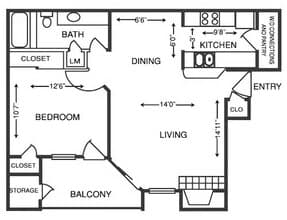 1 Bedroom 1033 floor plan