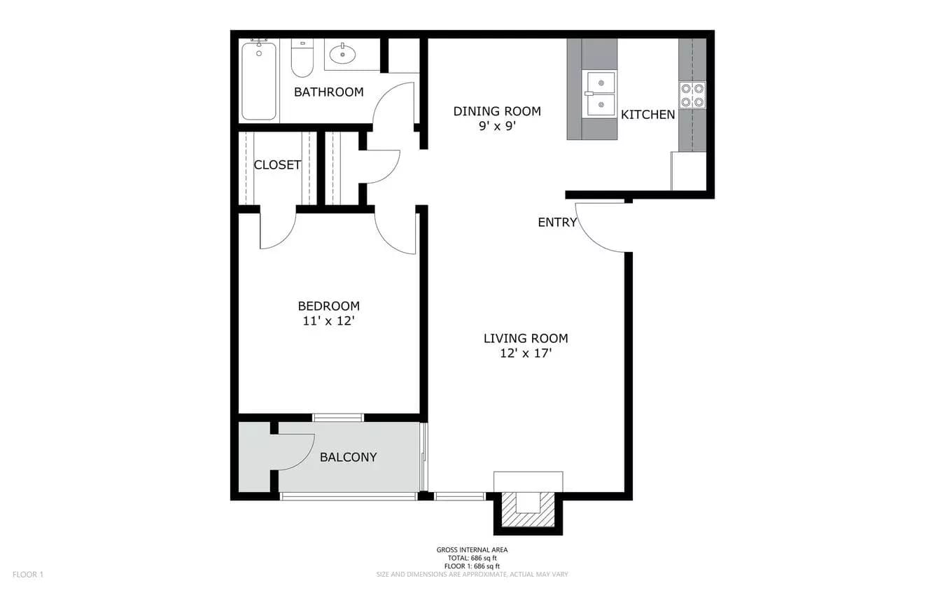 1 Bed • 1 Bath 35 floor plan
