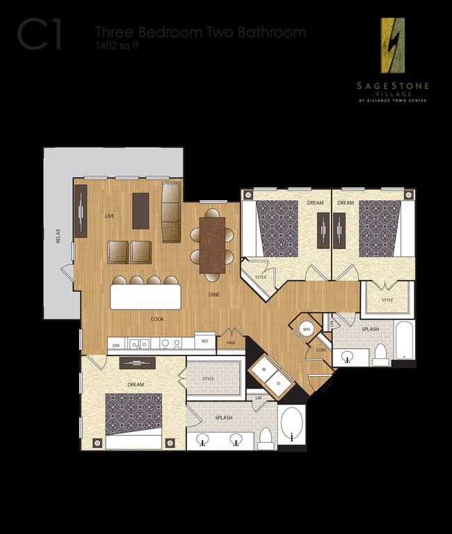 C1 3 BR / 2 BA 7-7207 floor plan