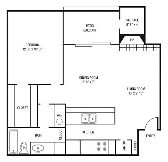 1 Bedroom 1 Bath 610 floor plan
