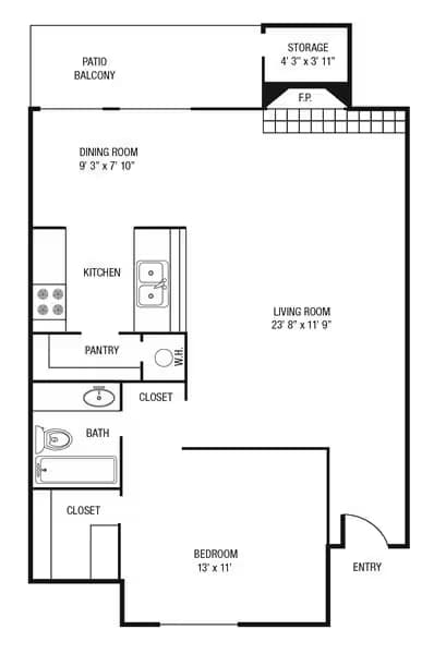 1 Bedroom 1 Bath 506 floor plan